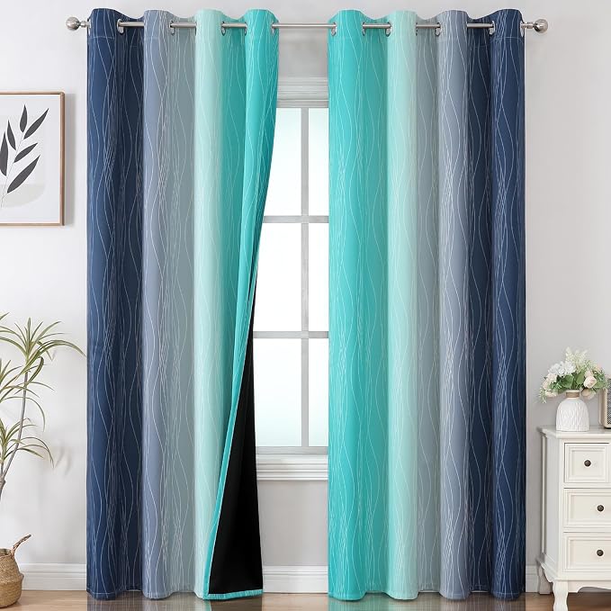 Estelar Textiler Navy Blue and Teal Ombre Blackout Curtains 90 Inches Long 2 Panels for Living Room, Thermal Insulated Drapes for Bedroom, Full Room Darkening Grommet Curtains for Sliding Door,52Wx90L