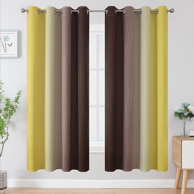 Estelar Textiler Brown and Yellow Blackout Curtains for Living Room, Full Room Darkening Grommet Ombre Curtains for Bedroom, Thermal Insulated Light Blocking Gradient Drapes, 52Wx72L, 2 Panels