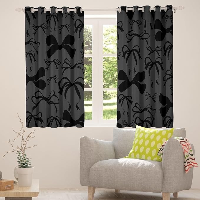 Feelyou Cute Bowknot Room Darkening Blackout Curtain Boys Girls (2 Panels, 52 x 96 Inch) Bow Curtains for Bedroom Living Room Girls Bow Blackout Curtains Kawaii Window Treatments