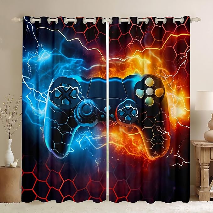 Feelyou Kids Boys Blue Red Gamer Darkening Drapes Honeycomb Gaming Blankout Curtains for Lightning Gamer Window Curtains Game Room Decor Window Treatments (2 Panels, 52 x 90 Inch)