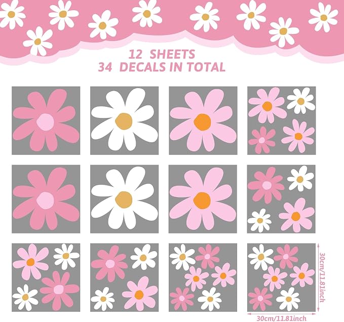 TaoBary 12 Sheet Daisy Wall Sticker Decal Removable Cute Daisy Bedroom Room Decor Flower Wall Sticker Pink White Flower Decal Wallpaper Peel and Stick for Nursery Home(Pink Color,Vibrant Style)