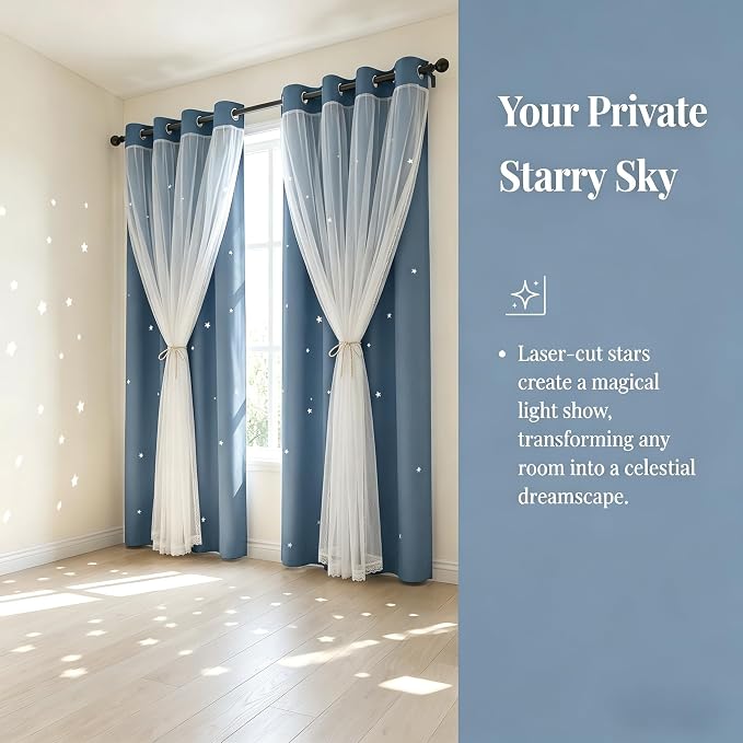 Kids Blackout Curtains for Bedroom/Living Room/Classroom, Sheer Overlay Small 2 Panel Set, Double Layer Curtains with Star Cutout for Kids Room(W 52 x L 45 Inches,Stone Blue 2 Pcs)