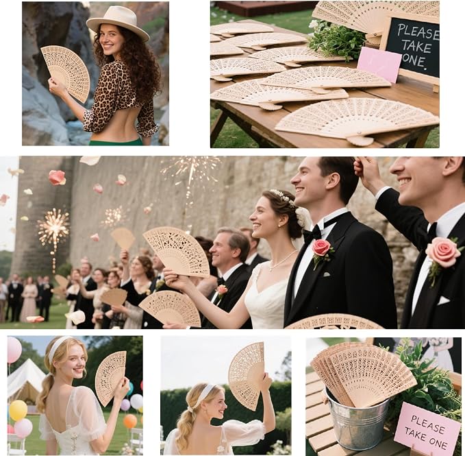Wobe 60Pcs Sandalwood Fans Wedding Favors Hand Held Folding Fans Openwork | 8 Inch Wooden Personal Handheld Folding Fans for Wedding Party, Home Decorations, Baby Shower, Birthday