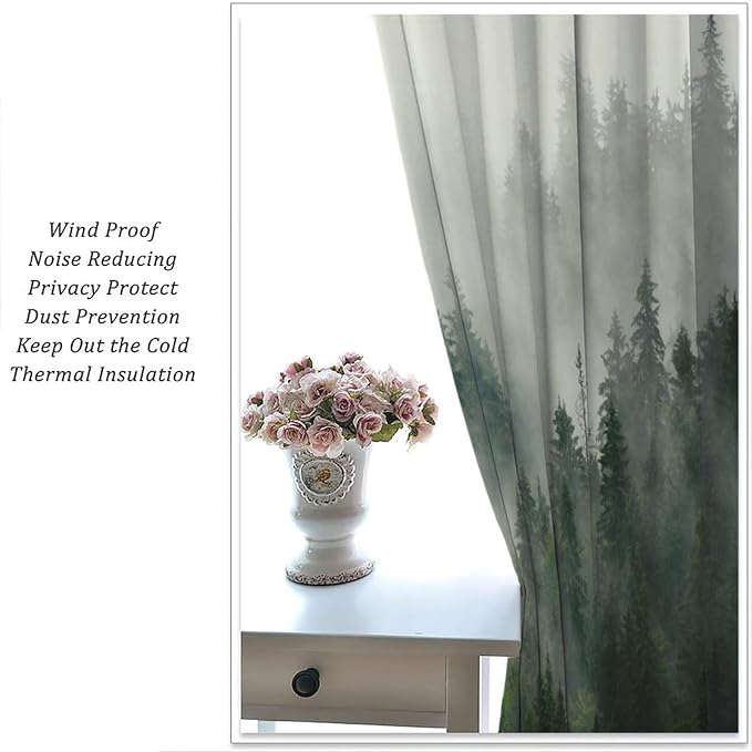 Forest Curtains, Nature Green Spring Foggy Mountain Peaks Vibrant Forest Plants Trees Window Treatments Drapes for Kids Boys Girls Living Room Bedroom 42x45in（No Blackout）