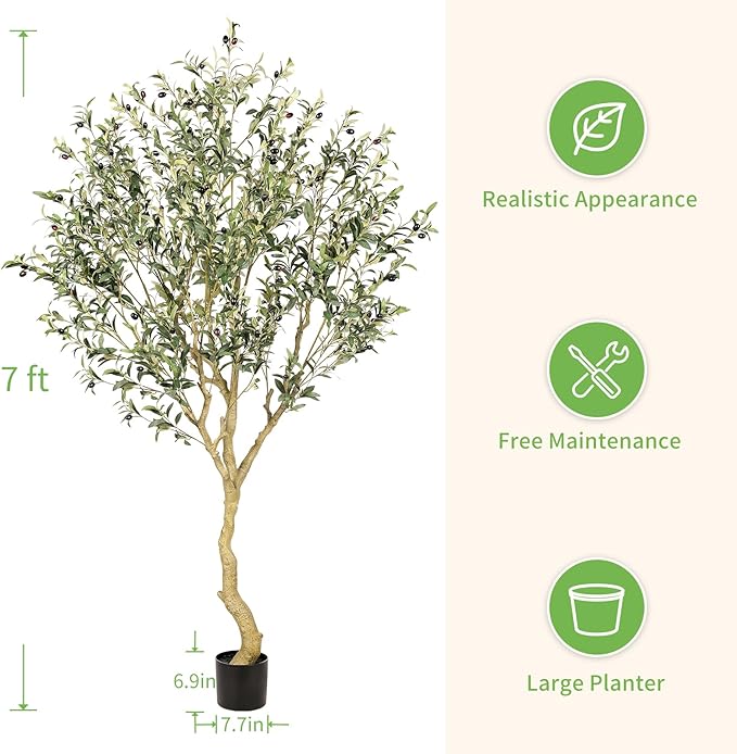 Realead 7FT Olive Trees Artificial Indoor - Tall Faux Olive Tree 7 Feet with Realistic Leaves and Natural Wood Trunk - Potted Fake Olive Tree for Modern Home Office Living Room Floor Decor Indoor
