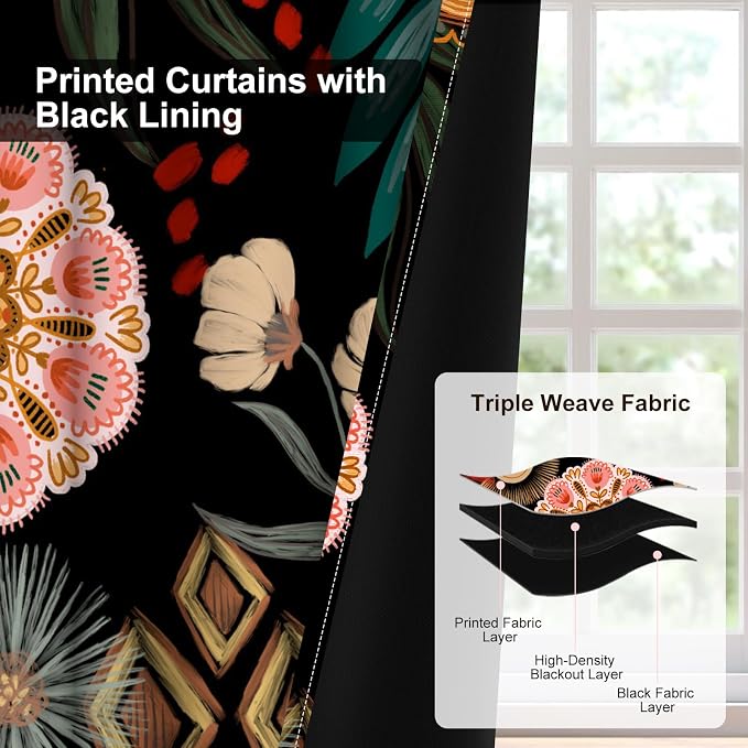 Boho Blackout Curtains for Bedroom, Bohemian Floral Black Living Room Curtains 84 Inch Length 2 Panels Set, Thermal Insulated Light Filtering Soundproof Black Out Window Drapes with Curtain Tiebacks