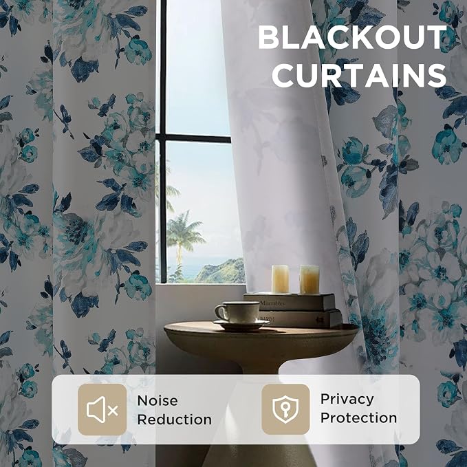 Joydeco Printed Curtains 84 inches Long,Blue Floral Blackout Curtains for Living Room 2 Panels,52 x 84 inch Rod Pocket Thermal Insulated Bohemian Drapes for Farmhouse,Bedroom,White