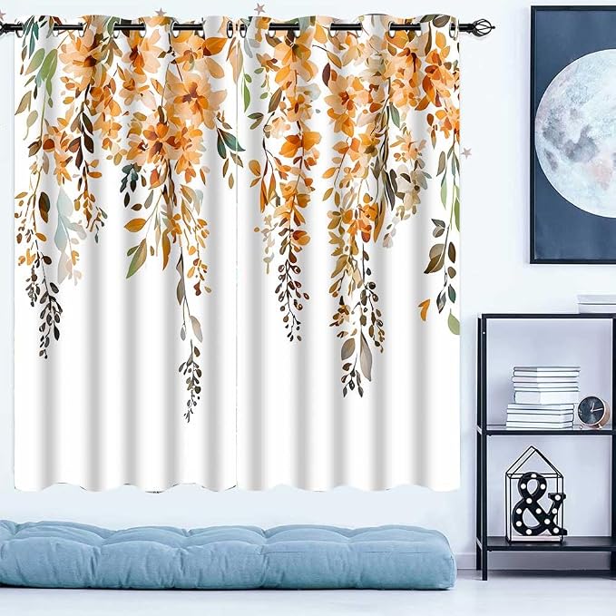 Orange Watercolor Floral Curtains, 42x63 inch, 2 Panels | Botanical Leaves Vine Flowers, Rustic Farmhouse Style, Blackout Window Treatment, For Bedroom Living Room