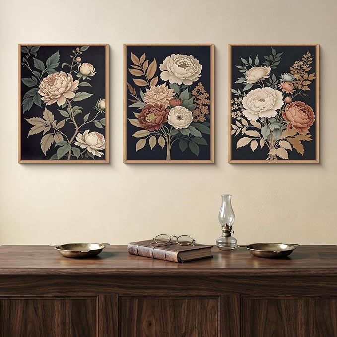 HOURIA Large Moody Dark Flower Framed Canvas Wall Art,Retro Beige Red Peony Wall Decor,Vintage Textured Blossom Botanical Artwork,Natural Wildflower Art Print for Living Room,Bedroom,Office-12 x16 x3