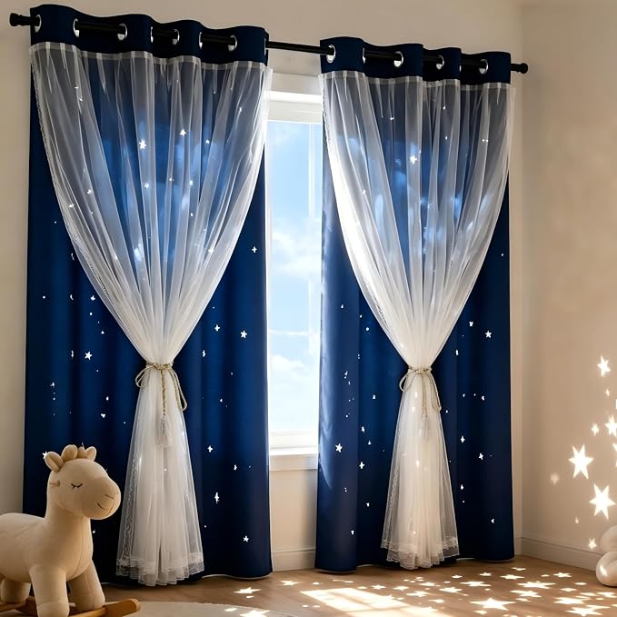 Kids Star Cutout Curtains for Bedroom/Living Room/Classroom,2 Free Tiebacks Sheer Overlay 95 Inches 2 Panel Set, Double Layer Curtains for Kids Room(W52xL95 Inches,Navy Blue 2 Pcs)