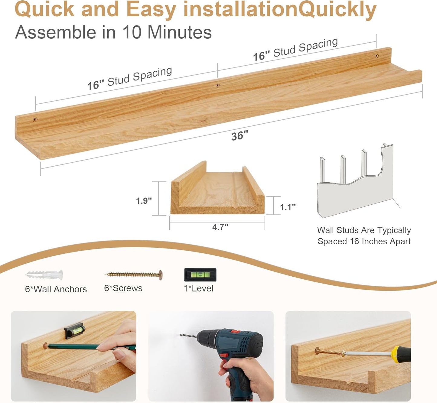 Floating Picture Ledge Shelves 36 Inch Solid Oak Wood Set of 2, Rustic Wall Storage Shelves with Lip, Kids Bookshelf, Photo & Picture Ledge Shelves for Bedroom, Living Room, Kitchen