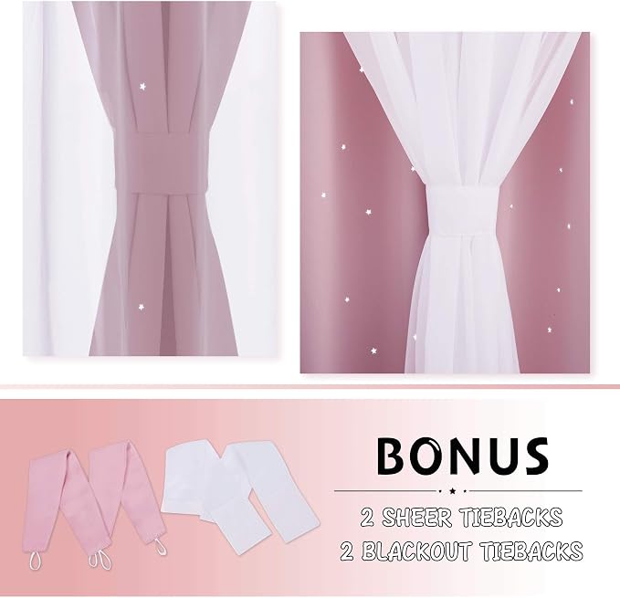 NICETOWN Kids Girls Bedroom Pink Curtains, Star Cutout Blackout with White Sheer Pastel Nursery Window Curtain Panels for Thanksgiving (Lavender Pink, 2Pcs, W52 x L84)