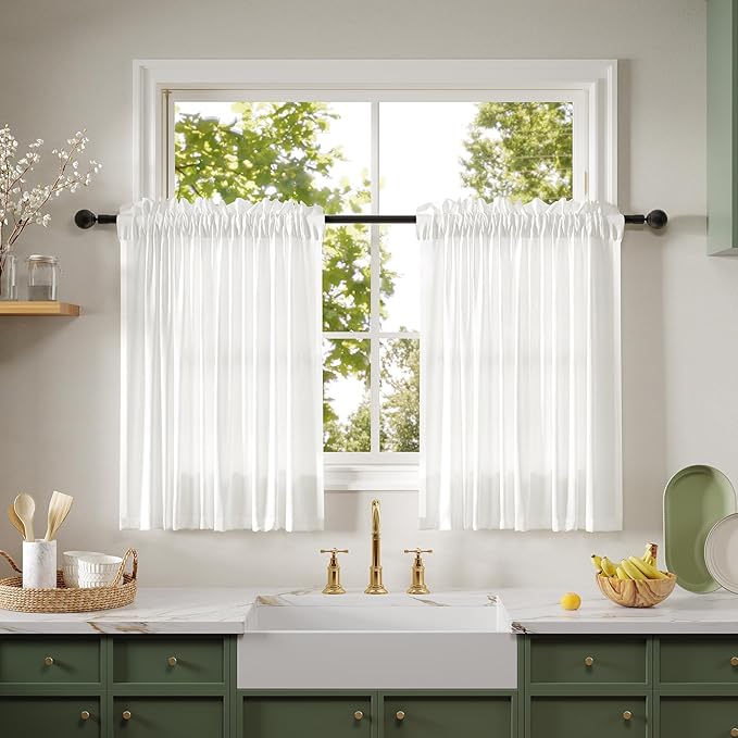 Anmao Non-See-Through Valance Kitchen Curtains 36 Inch Length 2 Panels Set, Off White Privacy Light Filtering Semi Sheer Over Sink Short Cafe Curtain Tiers for Small Windows, 25W x 36L, Ivory White