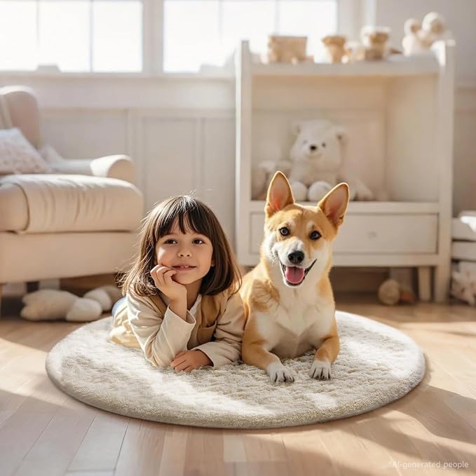 Ophanie Round Rugs 3Ft Ivory Circle Area Rug Washable, Nursery Bedroom Carpet, Small Fluffy Fuzzy Plush Soft Shaggy Cream Living Room Christmas Aesthetic Decor for Kids Boys Girls Teen Baby Home, Dorm