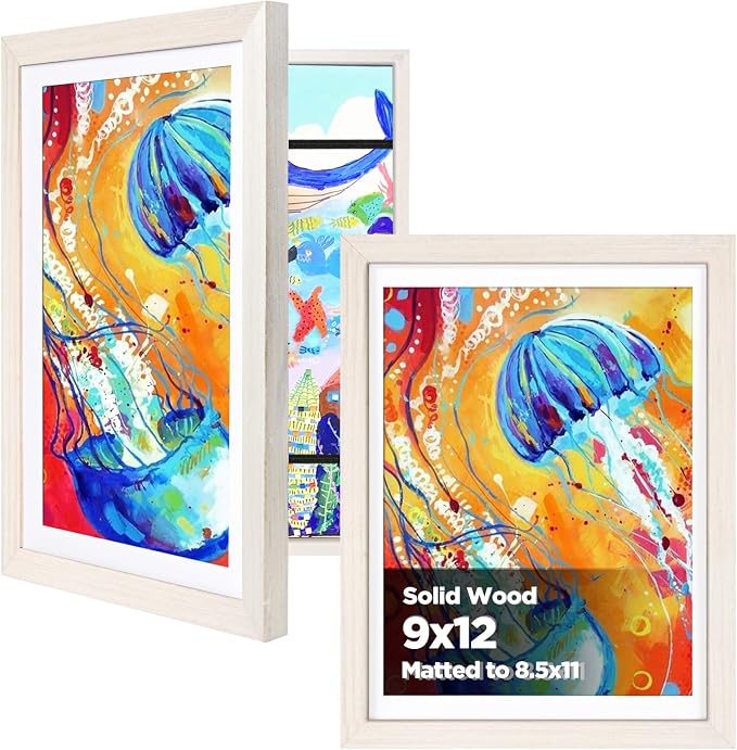KINLINK 9x12 Kids Art Frame 2 Pack, Solid Wood Artwork Frames Changeable, Front Opening Hold 150 Pictures, Art Frames for Kids Artwork, 8.5x11 with Mat 9x12 without Mat, Picture Frames White Wood