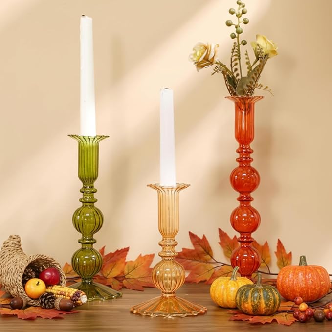 Mumufy 3 Pcs Fall Glass Candlestick Holders Thanksgiving Ball Shaped Glass Taper Candle Holder Amber Olive Honey Gold Fall Candle Stick Vase Decor for Holiday(5.9, 7.9, 10 inch,Vivid)