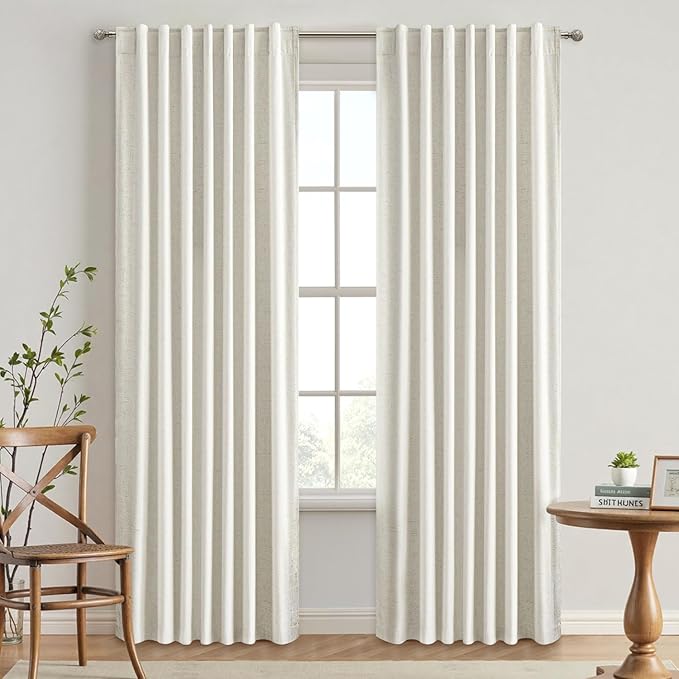 EMEMA Natural Linen Blackout Curtains 120 inch Long 2 Panels Set for Bedroom Back Tab Thermal Insulated 100% Black Out Drapes Pinch Pleated Hooks Room Darkening Window Curtain for Living Room