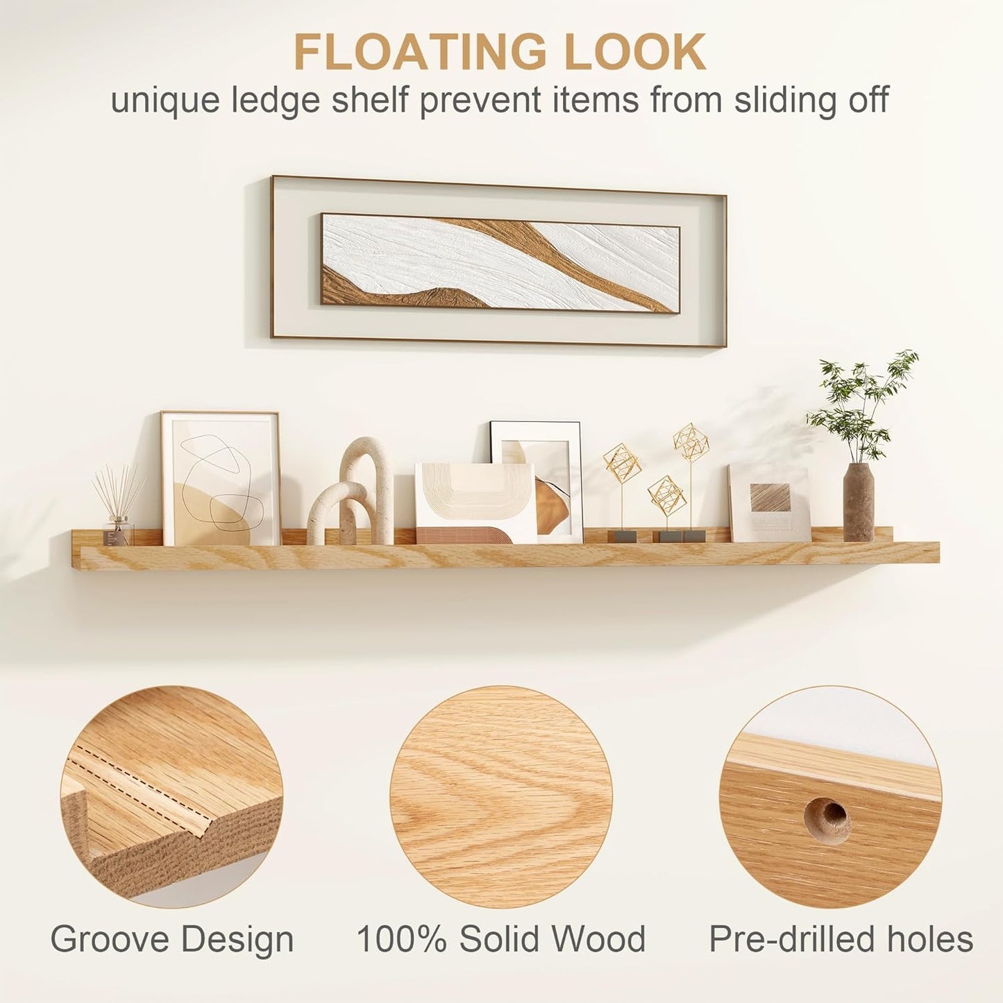 Floating Picture Ledge Shelves 36 Inch Solid Oak Wood Set of 2, Rustic Wall Storage Shelves with Lip, Kids Bookshelf, Photo & Picture Ledge Shelves for Bedroom, Living Room, Kitchen