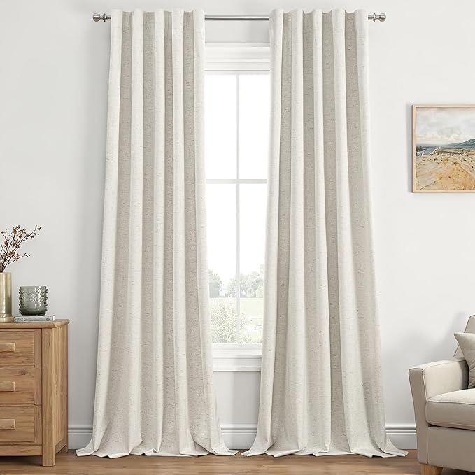 EMEMA Natural Linen Blackout Curtains 120 inch Long 2 Panels Set for Bedroom Back Tab Thermal Insulated 100% Black Out Drapes Pinch Pleated Hooks Room Darkening Window Curtain for Living Room
