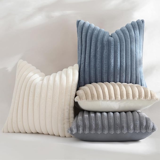 decorUhome Fall Cozy Faux Fur Throw Pillow Covers 20x20 Set of 2 Decorative Soft Plush Striped Modern Farmhouse Boho Couch Pillow Cases with Velvet Back for Sofa Bed Living Room, Grey