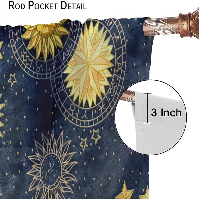 Boho Sun Moon Blackout Window Curtains, Bohemian Golden Sun Moon Stars Print Rod Pocket Window Drapes, for Living Room Bedroom 42x45in 2 Panels