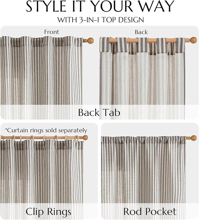 jinchan Linen Curtains 84" Charcoal Grey Stripe on Beige Back Tab 4 Panels | Curtains For Living Room Bedroom,Ticking Stripe Pattern, Farmhouse Cottage Core Rustic,Window Treatment,Light Filtering