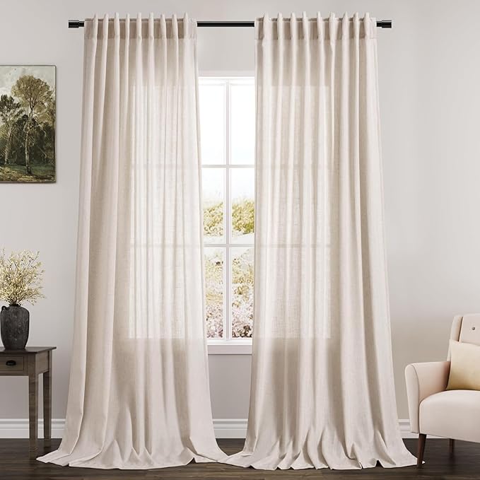 Nanspring 102 Inch Linen Curtains for Living Room Beige Privacy Semi Sheer Curtains Back Tab and Rod Pocket Farmhouse Linen Blend Curtain for Bedroom Office Large Window 70x102,2 Panel