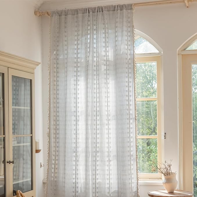 Deeprove Silver Grey Boho Curtain 63 inches Length for Living Room Bedroom Nursery, Retro Casual Bohemian Sheer 63 inches Long Stripe Embroidery Privacy Window Tassel Decor W52 x L63, 1 Panel