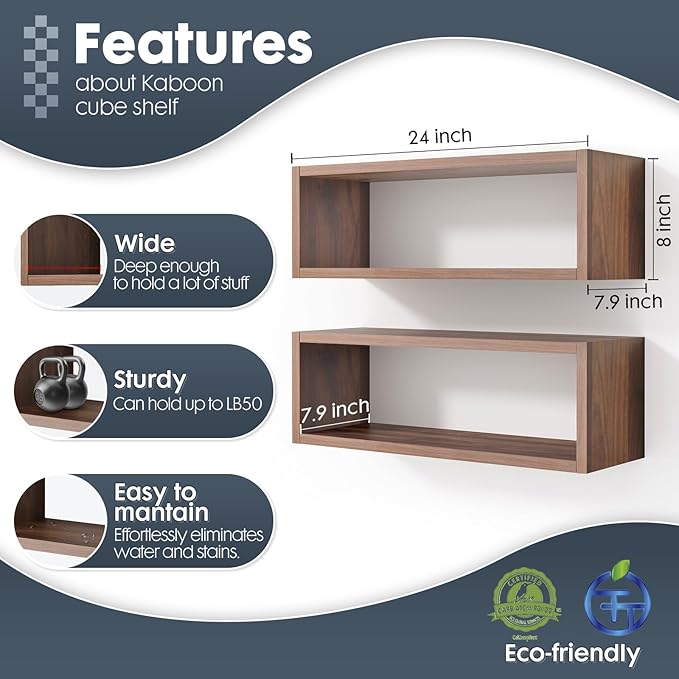 Kaboon 24in Floating Cube Shelves Set of 2, Display Shelves Wall Mount, Decorative Hanging Shelves for Kitchen Living Room Office,(Dark Walnut, Rectangle 2 Cubes)