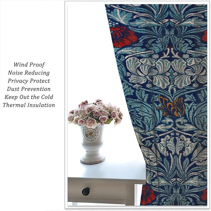 Bohemian William Morris Retro Plant Floral Blackout Window Curtains, Flower Vintage Country Farmhouse Art Window Drapes, for Bedroom Living Room 21(W)*54(L) 2 Panels