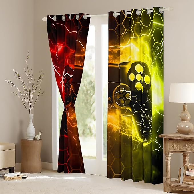 Feelyou Kids Boys Red Yellow Gamer Darkening Drapes Honeycomb Gaming Blankout Curtains for Toddler Lightning Gamer Window Curtains Game Room Decor Window Treatments (2 Panels, 38 x 45 Inch)