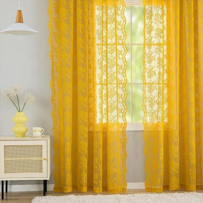 YJ YANJUN Vintage Lace Curtains 96 Inches Long-Victorian Floral Mustard Yellow Sheer Curtain Panels for Living Room Bedroom,Light Filtering, Retro Mid Century Modern Summer Drapes2 Panels 52W x 96L