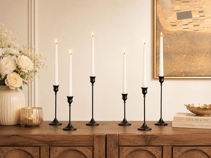 NLBTW Set of 6 Black Candle Holders for Taper, Vintage Candlestick Holder Decorative Metal Candle Sticks Home Decor Centerpieces for Table Mantel Festive Decorations