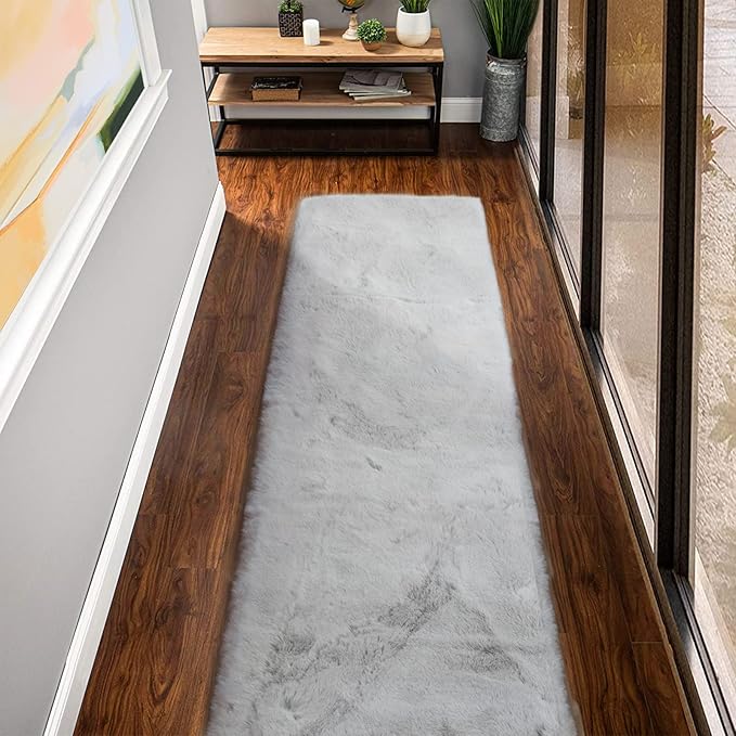 ORINOVA Grey Fluffy Faux Rabbit Washable Furry Fur Area Rugs for Bedroom Large Fuzzy Rug for Living Room Nursery Runner Rugs for Hallway 2x8 Rectangle Rug
