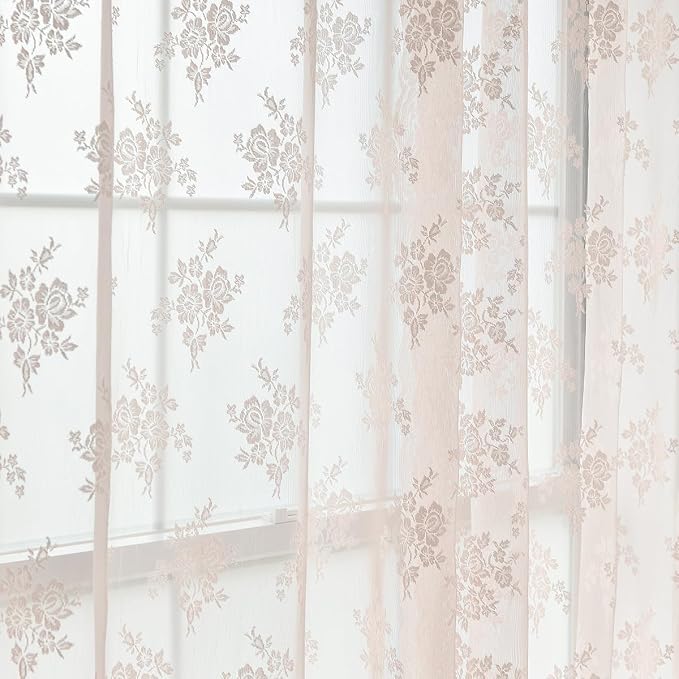 Blush Pink Lace Curtains 45 Inch Length, 2 Panels, W42 x L45 Inch Each, Country Rustic Floral Coquette Sheer Lace Curtains for Kitchen Window Rod Pocket Light Filtering Privacy Short Lacy Tier Curtain
