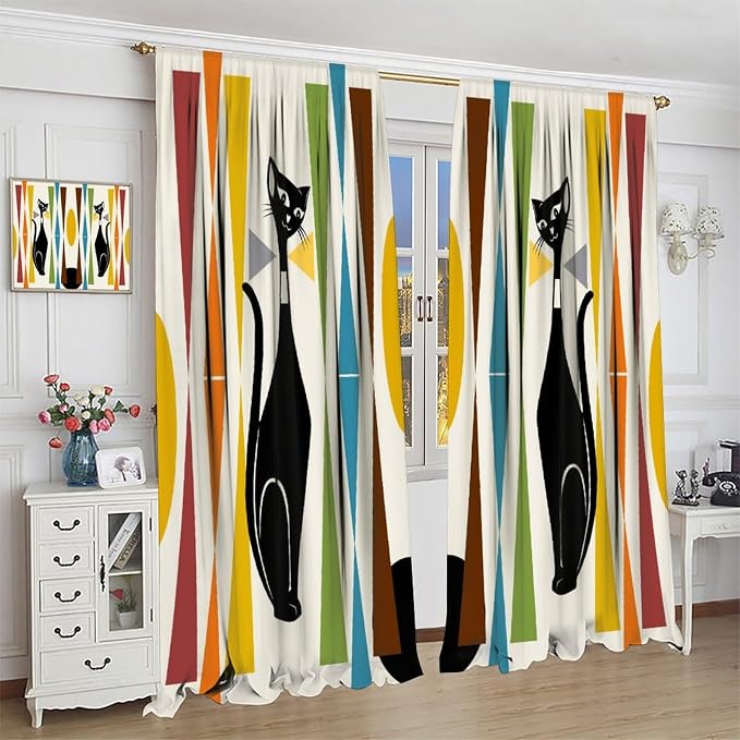 JESTRONRY Mid Century Style Curtains,Black Cat Modern Abstract Geometric Vintage Colorful Shape Pattern Theme Home Fabric Living Room Bedroom Kitchen Bathroom Decor 63x72in