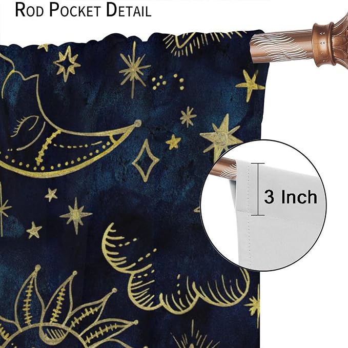 Boho Sun Moon Blackout Window Curtains, Bohemia Theme Sun Moon Stars Print Pattern Rod Pocket Window Drapes, for Living Room Bedroom 63x72in 2 Panels