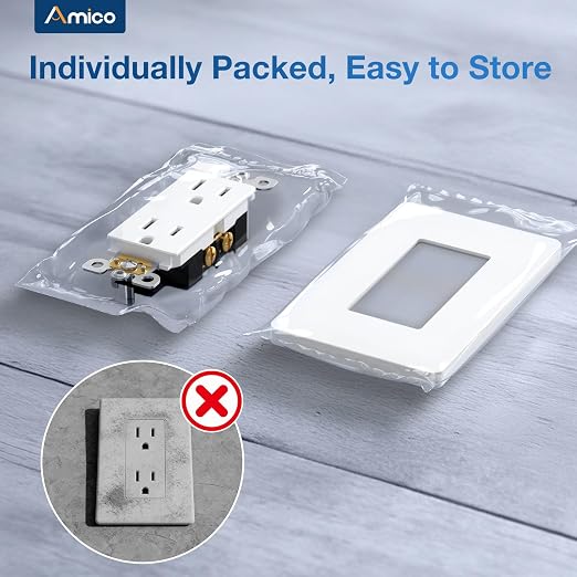 Amico Wall Outlet, UL Listed, Tamper Resistant Standard Electrical Outlet, Decorator Receptacle, Suitable for Home and Business, 125V/1875W, White, 15 Amp - Screwless Wall Plate, 30 Pack
