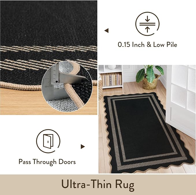 LIVEBOX Scalloped Easy Jute 3x5 Outdoor Rug, Black Washable Rugs for Entryway Kitchen, Indoor Outdoor Farmhouse Neutral Rug Modern Carpet Door Mat Area Rug for Patio Bedroom Living Room Porch Entry