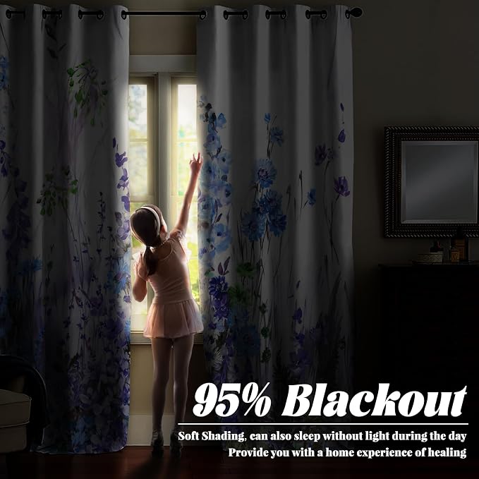 Renaiss Purples Blue Floral Print Blackout Curtains, Pastel Wild Flowers Thermal Insulated Bedroom Window Curtains, Spring Floral Art Window Drapes for Living Room, 96" L x 42" W 2 Panel Set