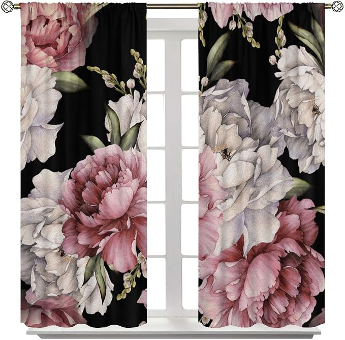 Black Boho Floral Curtain Vintage Watercolor Rose Peony Retro Pink Blossom Flowers Rustic Spring Lea for Home Kitchen Livingroom Coffee Room Curtains Drapes 2 Panels 42x63in
