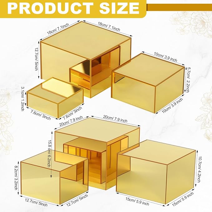 Geelin 6 Pack Acrylic Risers for Display Acrylic Cube Boxes Risers Display Stands with Hollow Bottoms Decorative Stand for Jewelry Candy Table Decor 6 Sizes(Gold,3 to 8 Inch,Square)