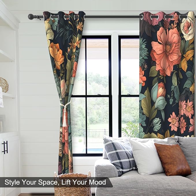 Boho Floral Blackout Curtains for Bedroom and Living Room, Grommet Thermal Insulated Black Out Window Drapes with Curtain Tiebacks, Soundproof Privacy Patterned Curtains 84 Inch Long 2 Panels Set