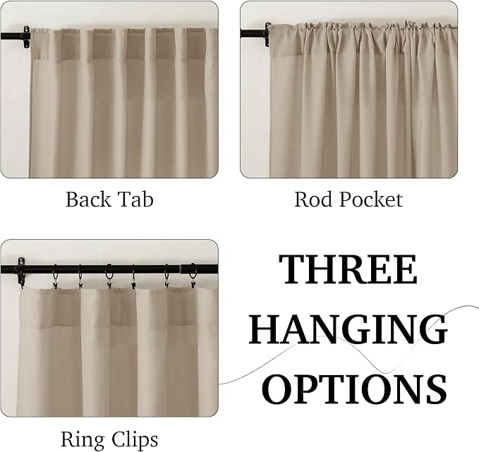 RYB HOME Back Tab Taupe Linen Curtains for Farmhouse, Boho Rustic Sheer Decoration for Dining Room Nursery Bay Window, Taupe, W 52 x L 108 inches, 2 Panels Set