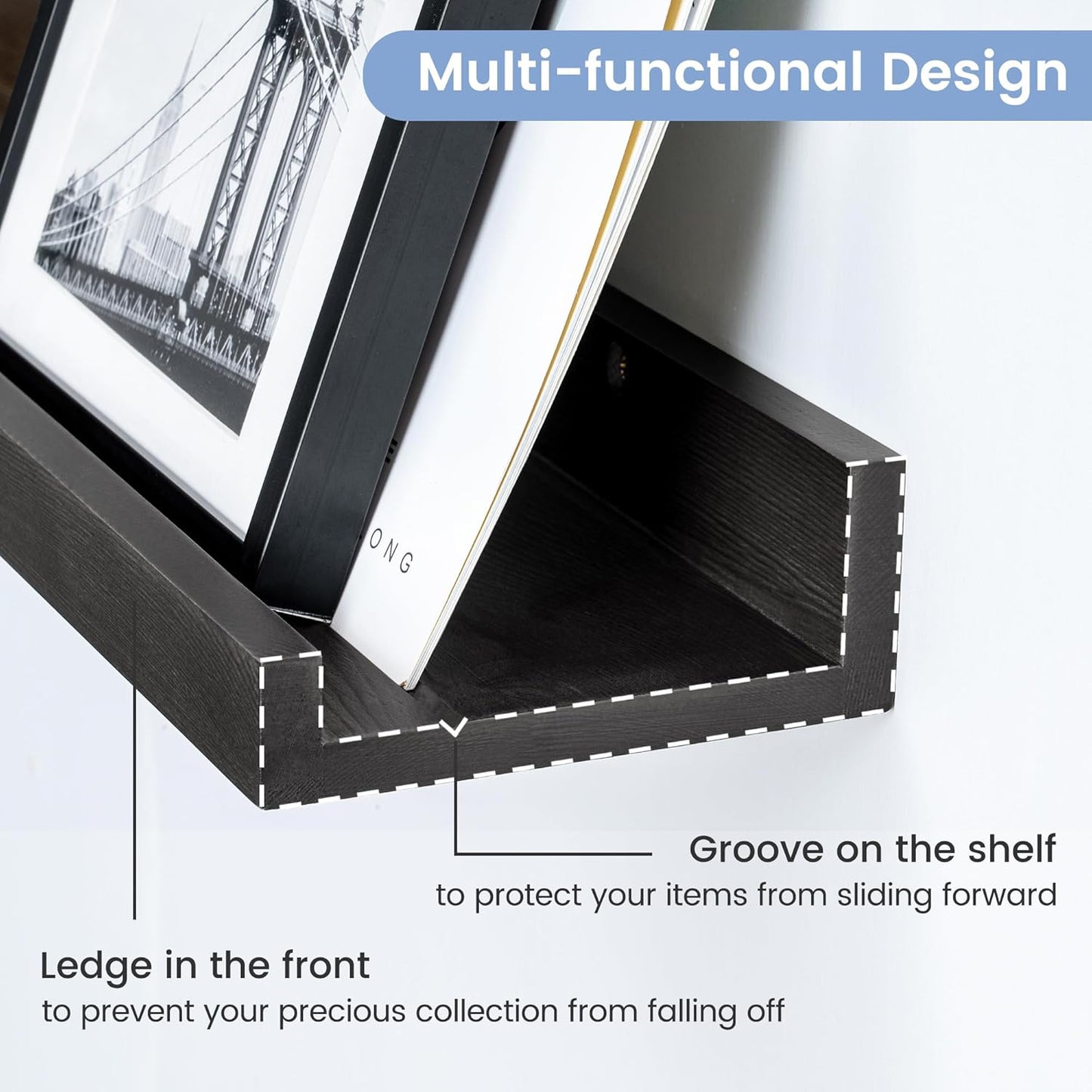 Picture Ledge Shelf for Wall, 16 inch Solid Pine Wood Nursery Book Shelves 2 Packs, Floating Ledge Shelves for Kids' Room Bedroom Bathroom Living Room Photo Frames Office Nursey Wall Decor, Black