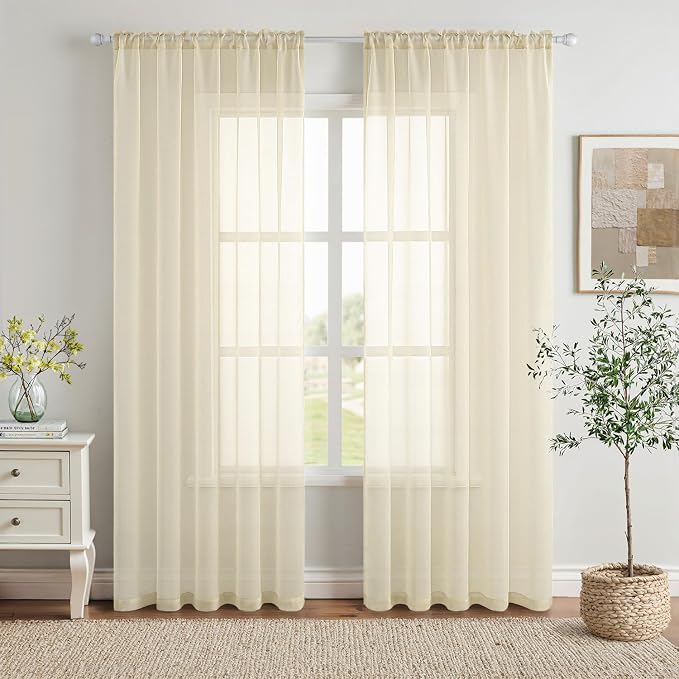 MIULEE Light Cream Sheer Curtains 96 inches Long Window Curtains 2 Panels Solid Color Elegant Window Voile Panels/Drapes/Treatment for Bedroom Living Room (54 X 96 Inches Light Cream)