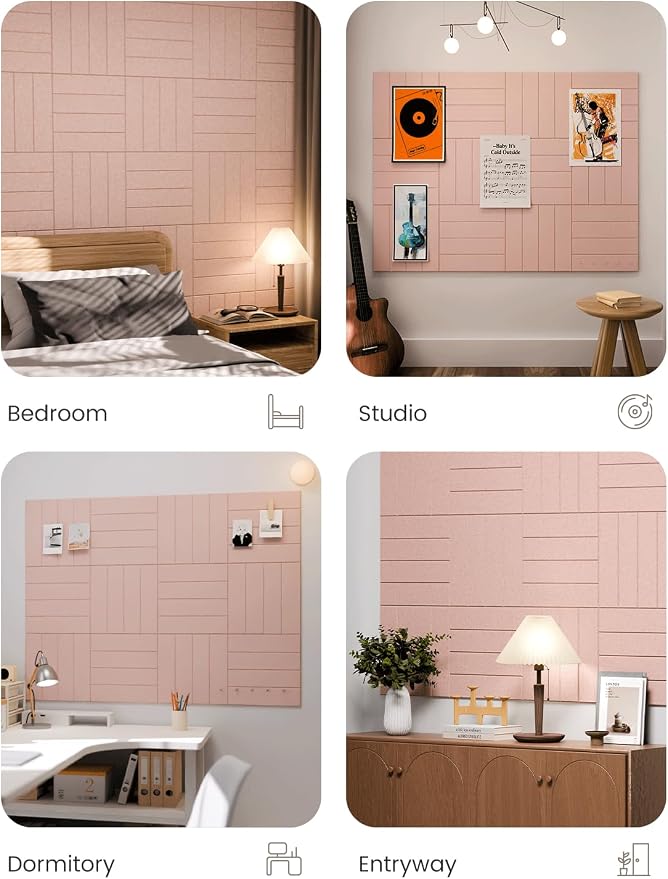 Fluxynara Felt Bulletin Board Tiles Large 48" x 36" Cork Board Alternative-12 Pack with 64 Adhesive Tabs, Thick Slat Wall Panels for Office Decor, Push Pin Board Wall Organizer Alternative -Pink