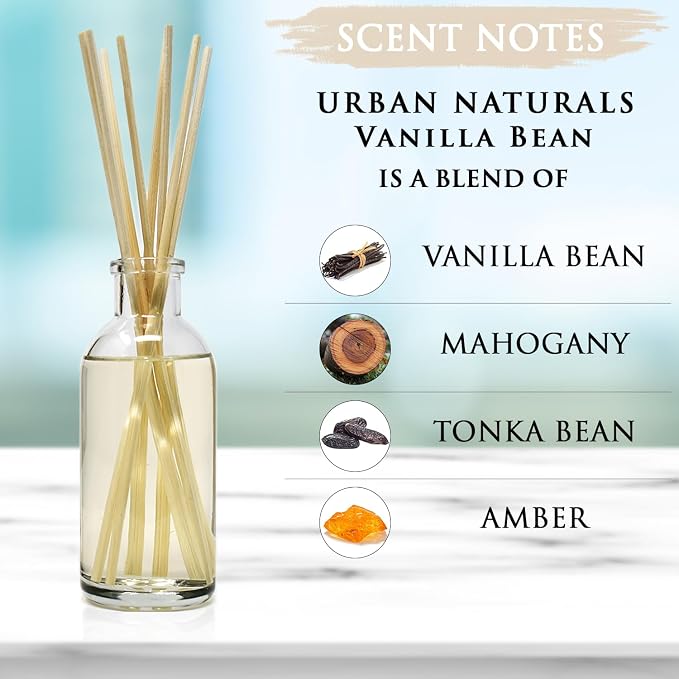 Urban Naturals Reed Diffuser Set, Vanilla Bean - Bathroom Shelf Décor | Scented Oil, Vanilla Cream, Amber & Sweet Tonka Bean, Made in the USA