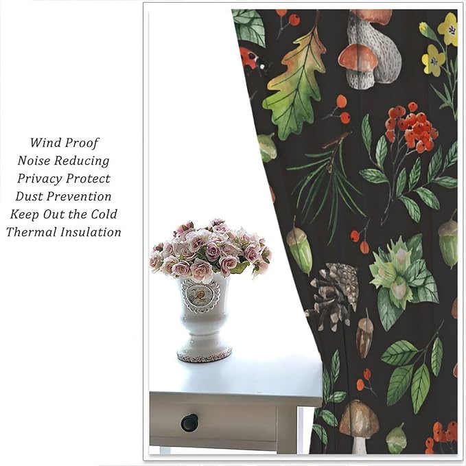 Farm Watercolor Mushroom Curtains, Rustic Forest Wild Mushroom Red Berris Plants Flowers Leaves Blackout Window Drapes for Kitchen Bedroom Livingroom, 42" W X 45" L
