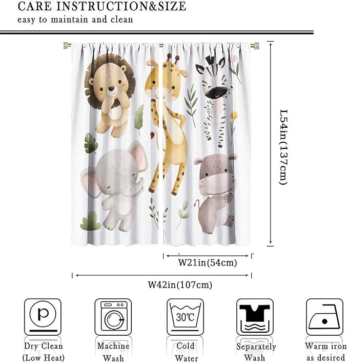 Nursery Curtains Jungle Safari Theme with Giraffe Print, Kids Room Classroom Decor, 42x54 Inches, 75% Blackout Fabric for Baby Nursery, Animal Cub Design, Easy Install & Machine Washable